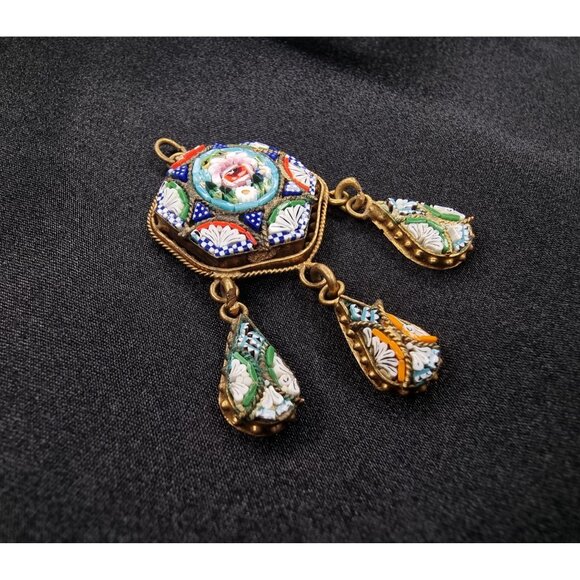 Antique 1920s Made In Italy Micro Mosaic Pendant With Floral Hexagon Design - Picture 2 of 6